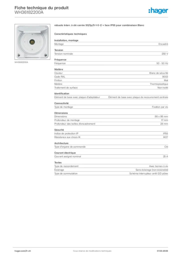 Image Hager Fiche technique du produit WH36182200A | Hager Suisse
