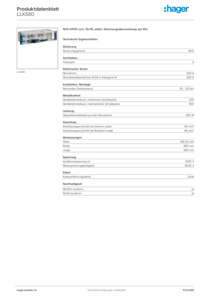Bild Hager Produktdatenblatt LLK580 | Hager Schweiz