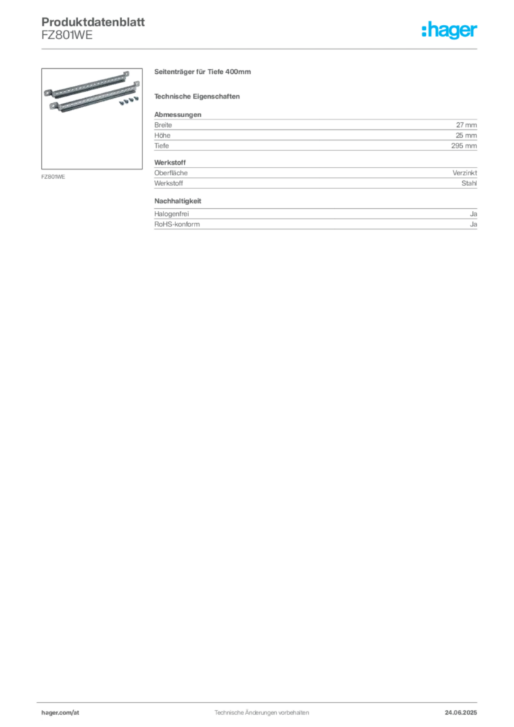 Bild Hager Produktdatenblatt FZ801WE | Hager Deutschland