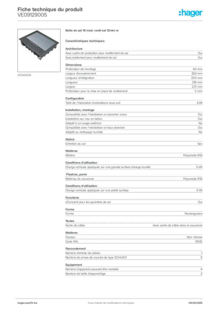 Image Hager Fiche technique du produit VE09129005 | Hager Belgique