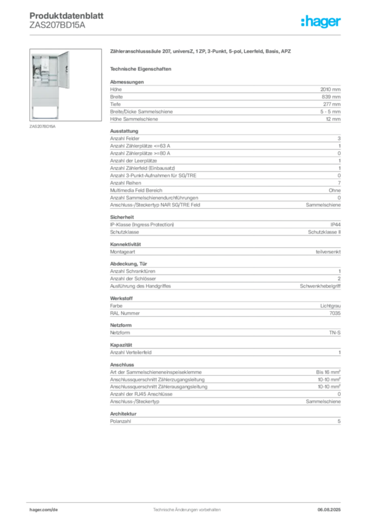 Bild Hager Produktdatenblatt ZAS207BD15A | Hager Deutschland