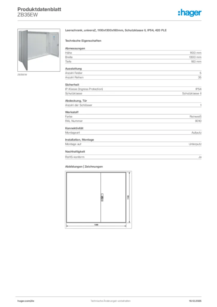 Bild Hager Produktdatenblatt ZB35EW | Hager Deutschland