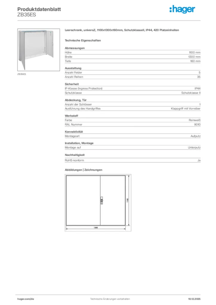 Bild Hager Produktdatenblatt ZB35ES | Hager Deutschland