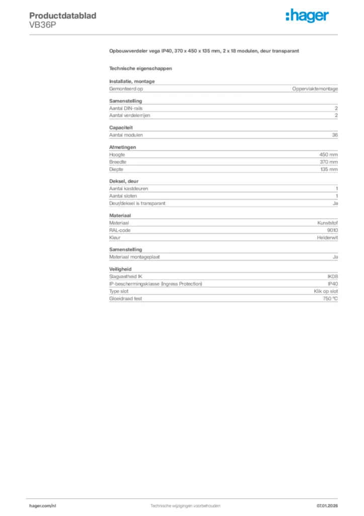 Afbeelding Hager Productdatablad VB36P | Hager Nederland