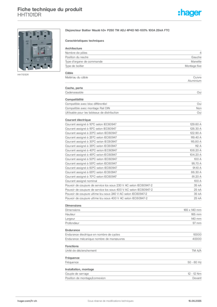 Image Hager Fiche technique du produit HHT101DR | Hager Suisse