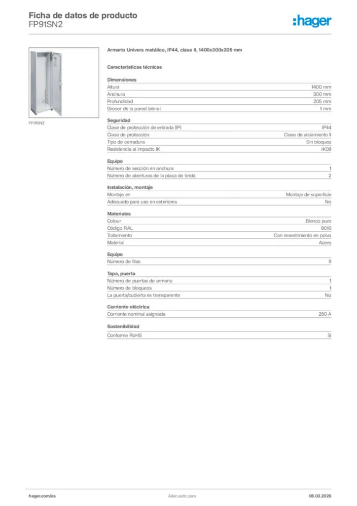 Imagen Hager Ficha de datos de producto FP91SN2 | Hager España