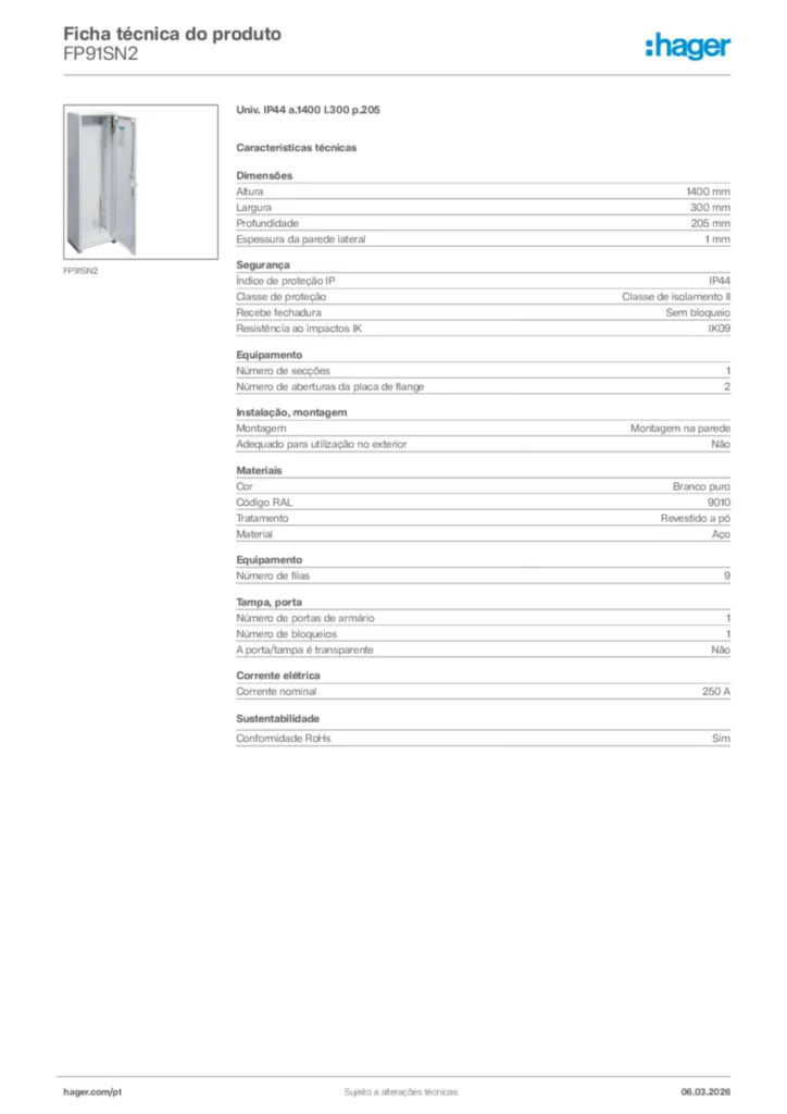Imagem Hager Ficha técnica do produto FP91SN2 | Hager Portugal
