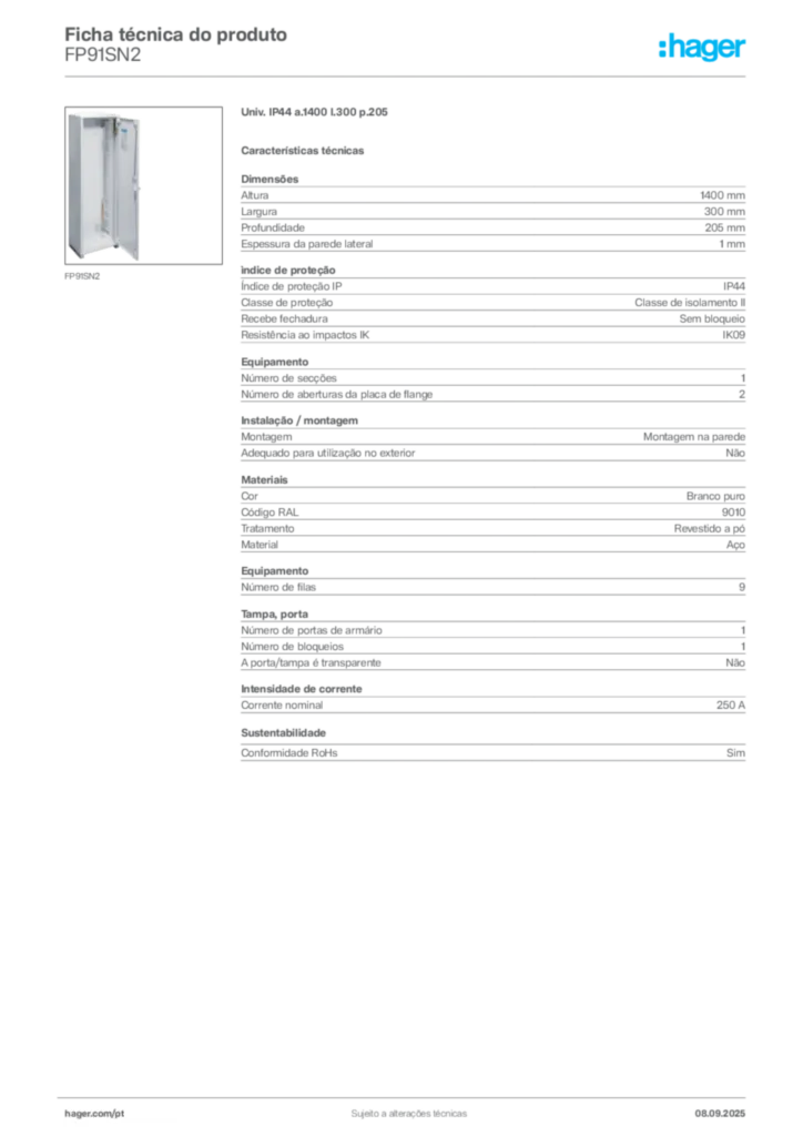 Imagem Hager Ficha técnica do produto FP91SN2 | Hager Portugal