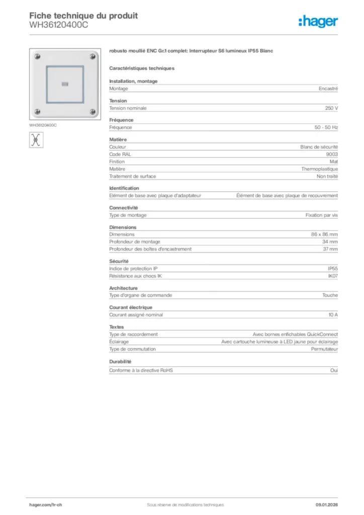 Image Hager Fiche technique du produit WH36120400C | Hager Suisse