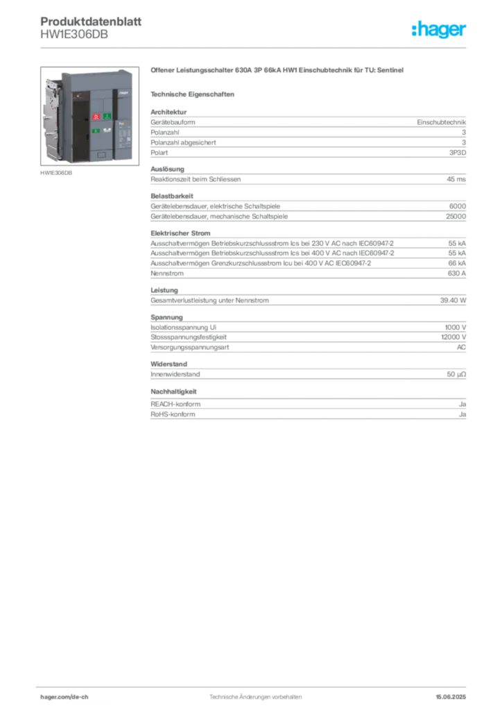 Bild Hager Produktdatenblatt HW1E306DB | Hager Schweiz
