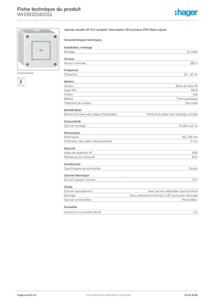 Image Hager Fiche technique du produit WH36120400Q | Hager Suisse