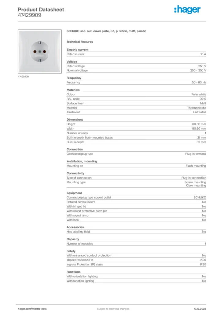 Image Hager Product data sheet 47429909  | Hager