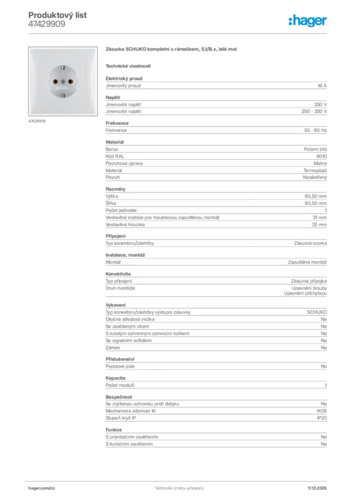 Obrázek Hager Produktový list 47429909 | Hager