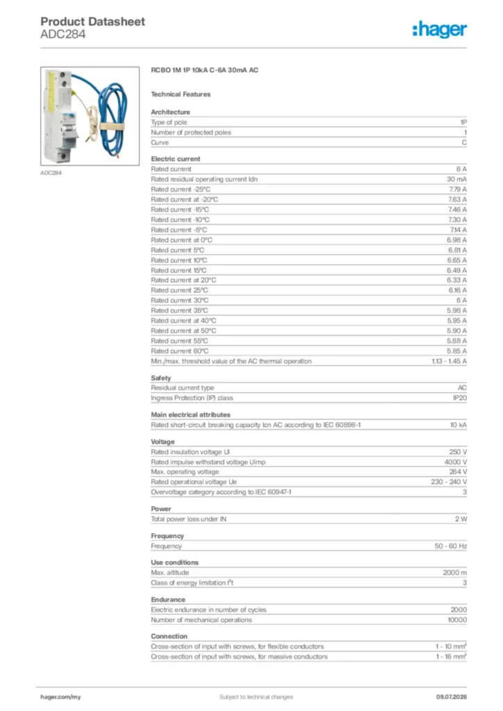 Image Hager Product data sheet ADC284  | Hager