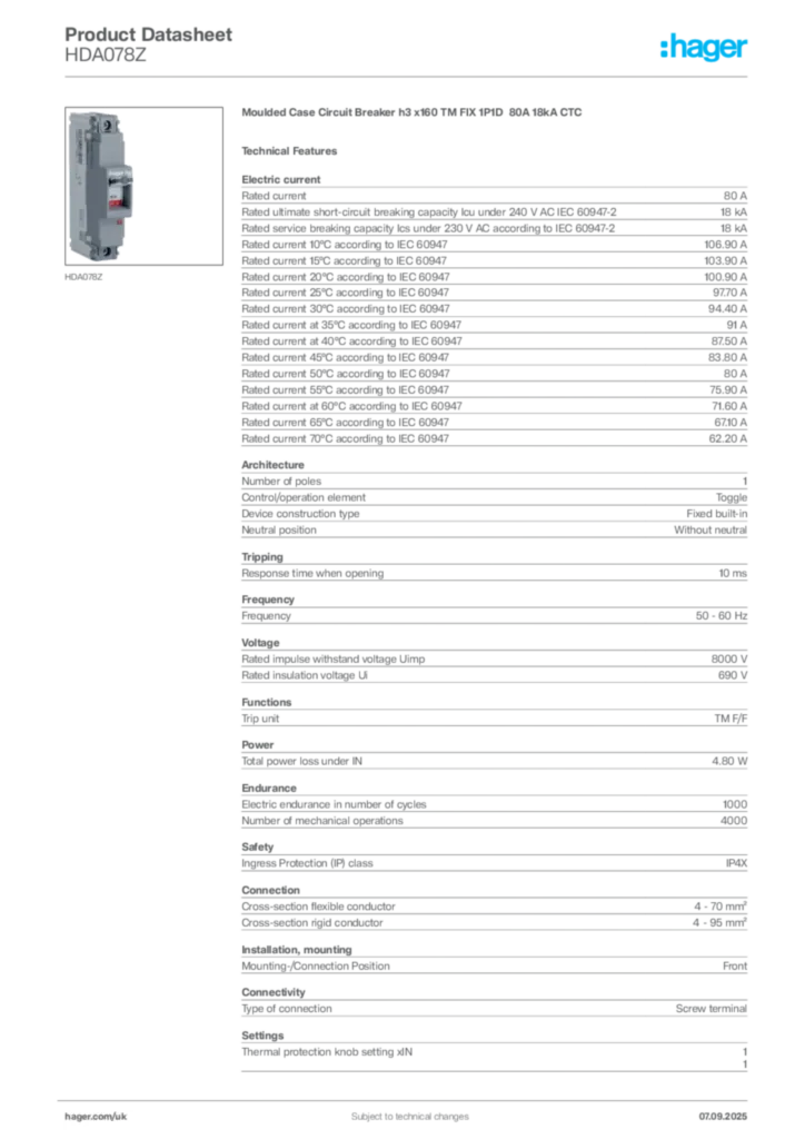 Image Hager Product data sheet HDA078Z  | Hager