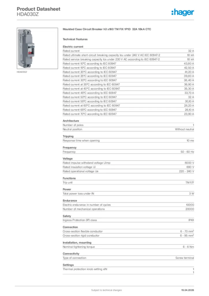 Image Hager Product data sheet HDA030Z  | Hager