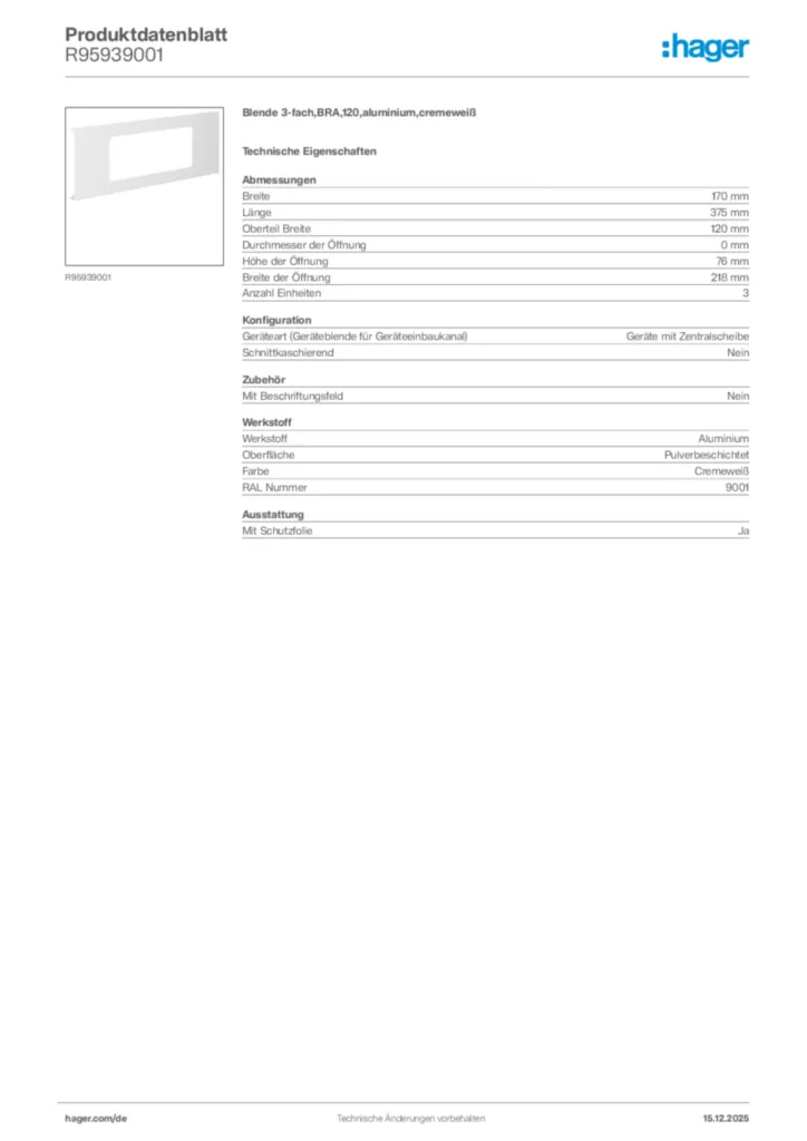 Bild Hager Produktdatenblatt R95939001 | Hager Deutschland