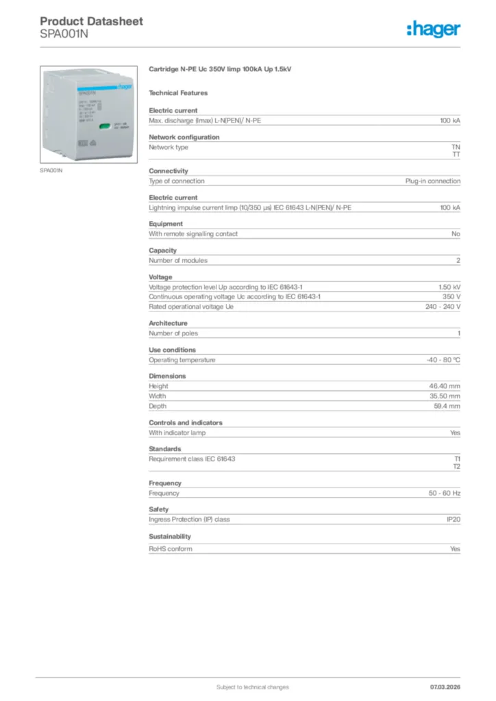 Image Hager Product data sheet SPA001N  | Hager Africa