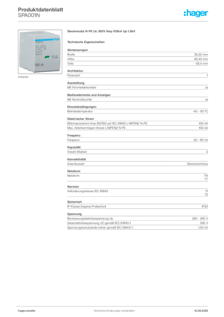 Hager Produktdatenblatt SPA001N