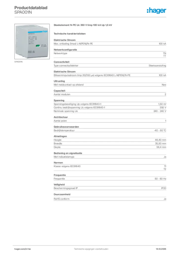 Afbeelding Hager Productdatablad SPA001N | Hager Belgium