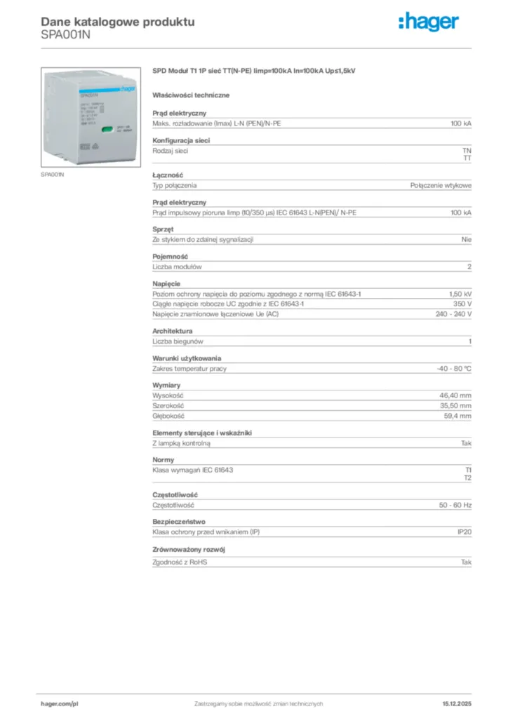Zdjęcie Hager Karta katalogowa SPA001N | Hager Polska