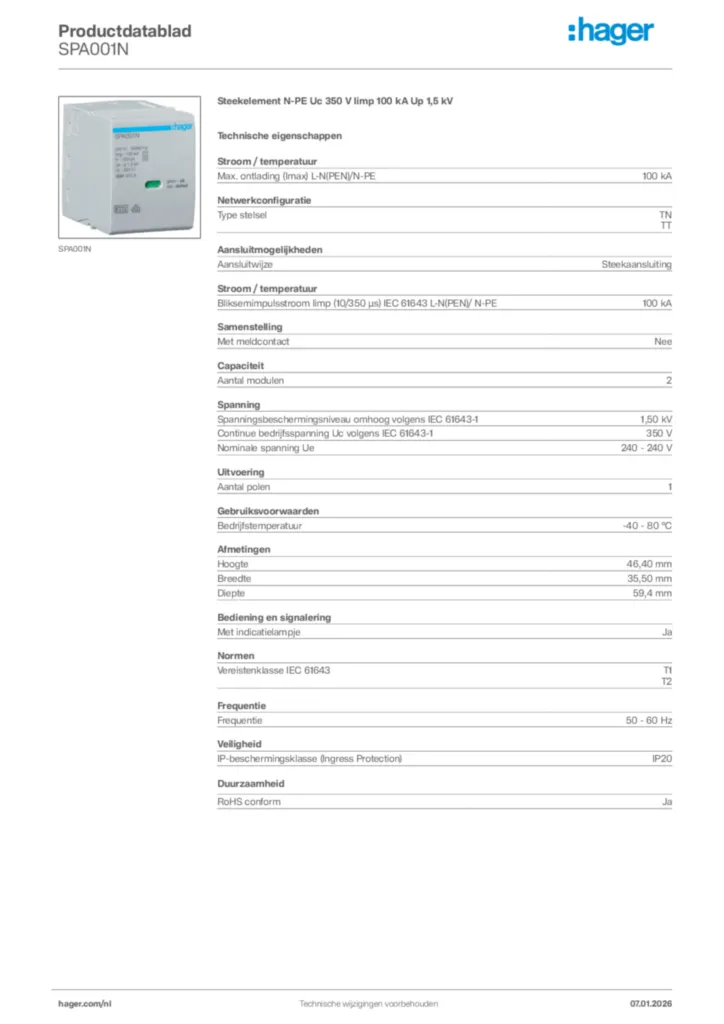 Afbeelding Hager Productdatablad SPA001N | Hager Nederland