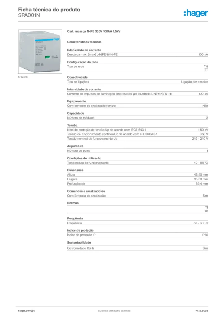 Imagem Hager Ficha técnica do produto SPA001N | Hager Portugal