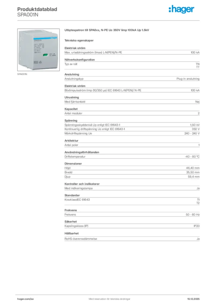 Bild Hager Produktdatablad SPA001N | Hager Sverige