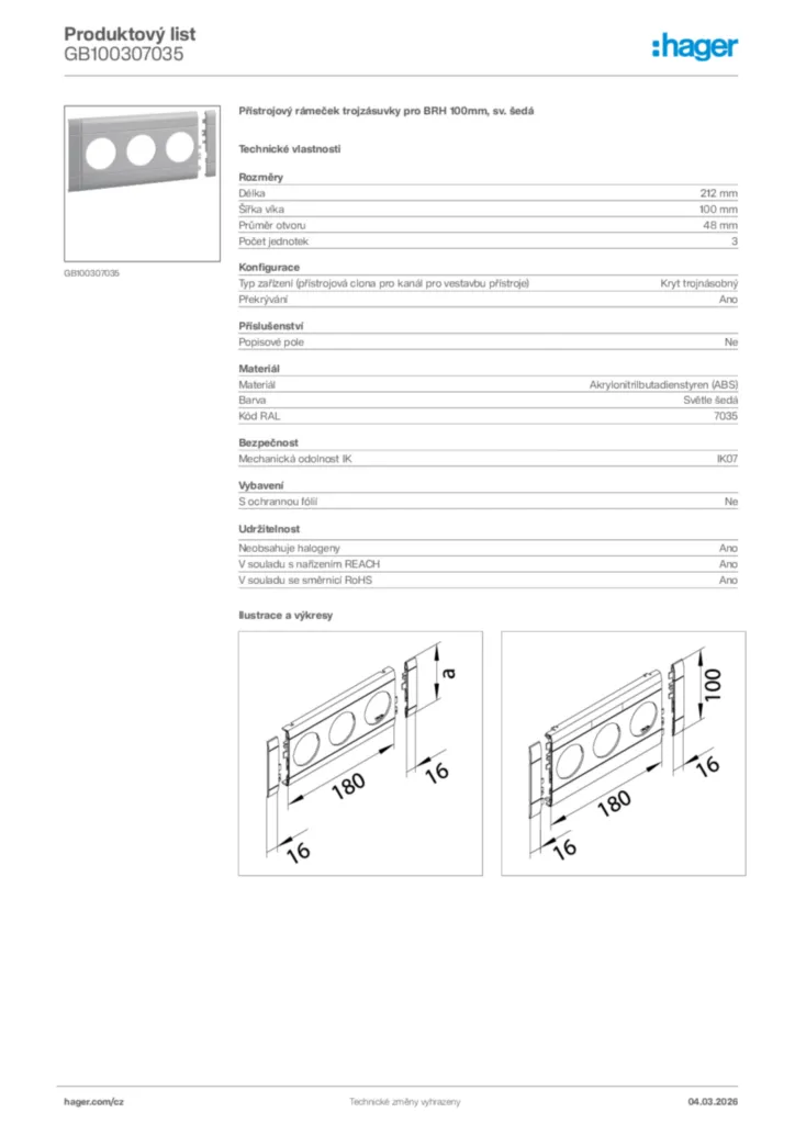 Obrázek Hager Product data sheet GB100307035 | Hager