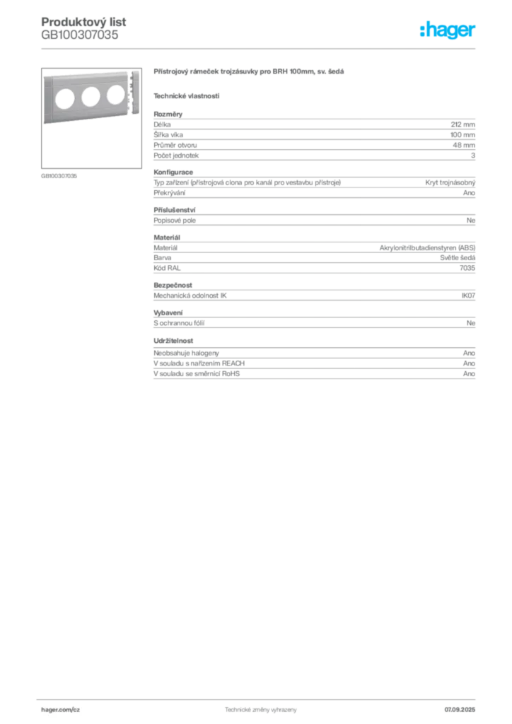 Obrázek Hager Produktový list GB100307035 | Hager