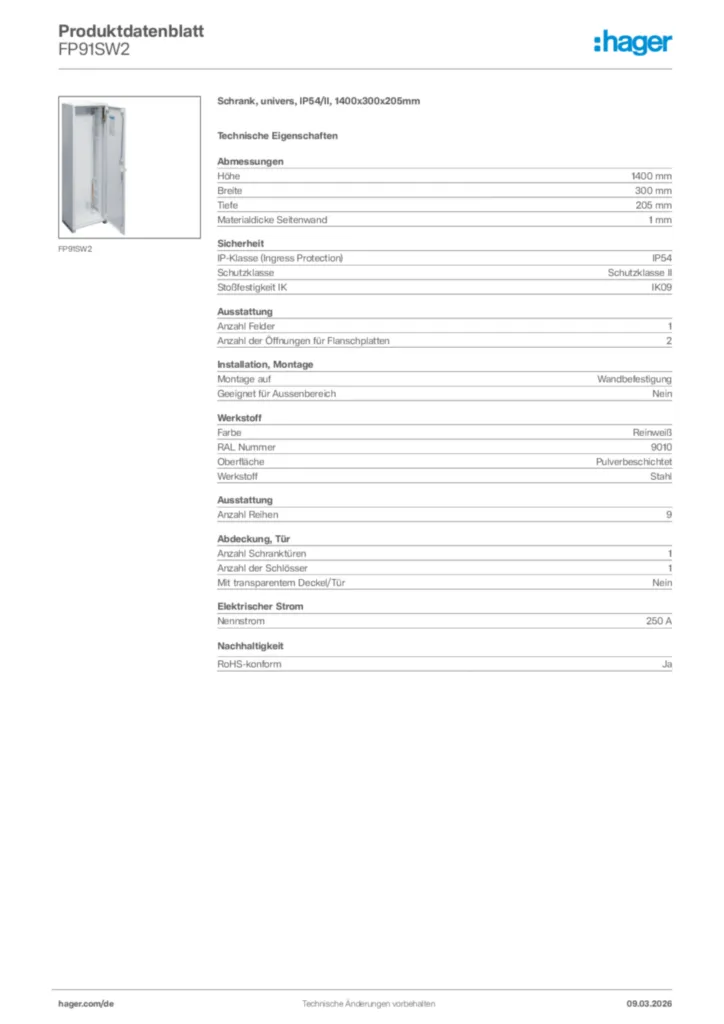 Bild Hager Produktdatenblatt FP91SW2 | Hager Deutschland