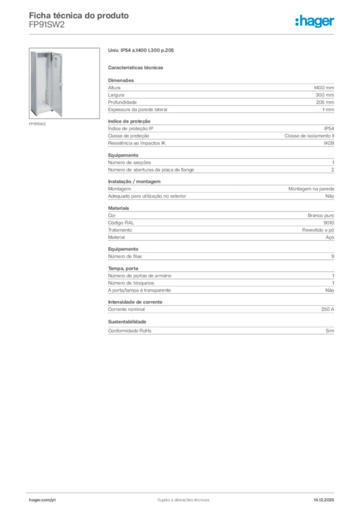 Imagem Hager Ficha técnica do produto FP91SW2 | Hager Portugal
