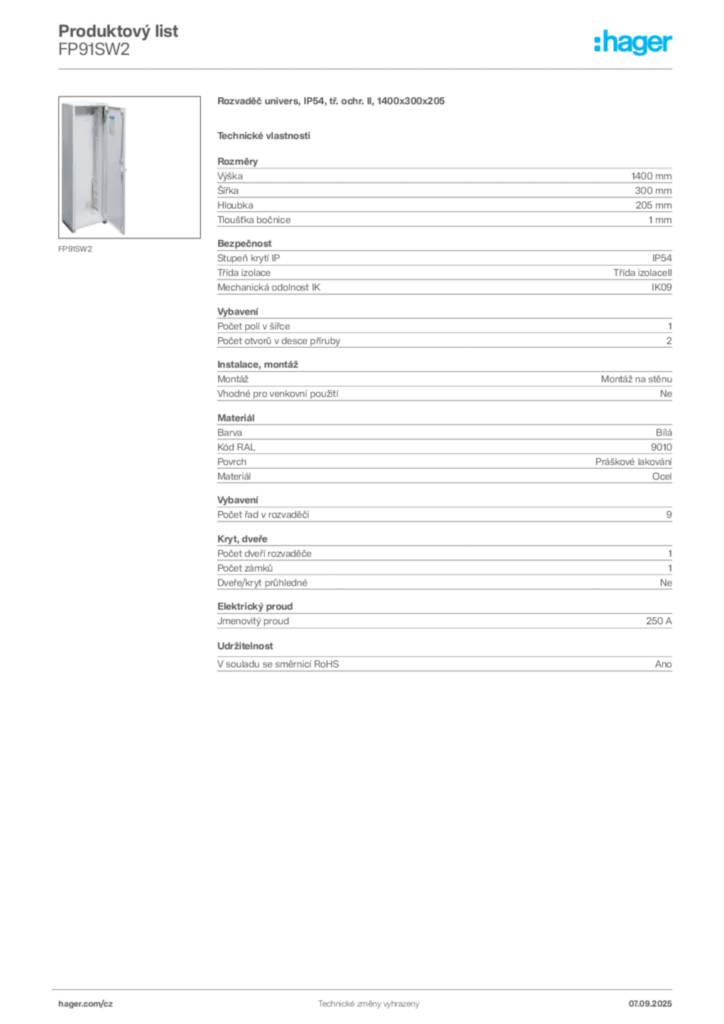 Obrázek Hager Produktový list FP91SW2 | Hager