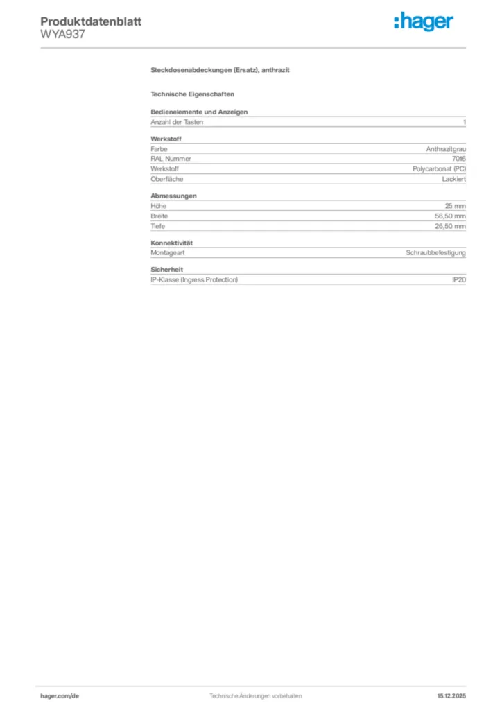 Bild Hager Produktdatenblatt WYA937 | Hager Deutschland