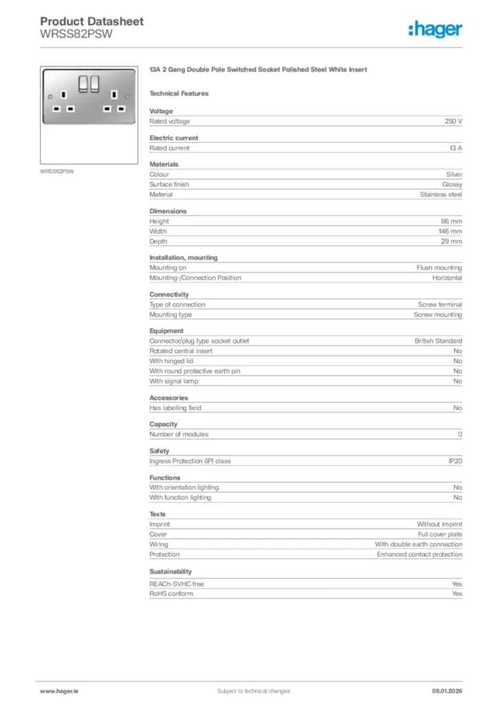 Image Hager Product data sheet WRSS82PSW  | Hager