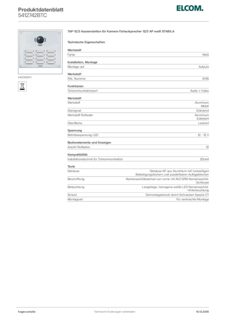 Bild Elcom Produktdatenblatt 5412742BTC | Hager Deutschland