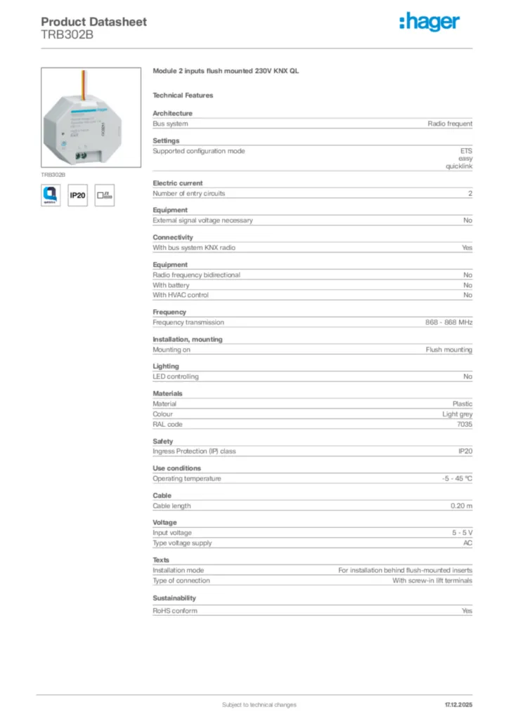 Image Hager Product data sheet TRB302B  | Hager Africa