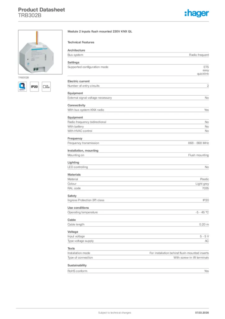 Image Hager Product data sheet TRB302B  | Hager Africa