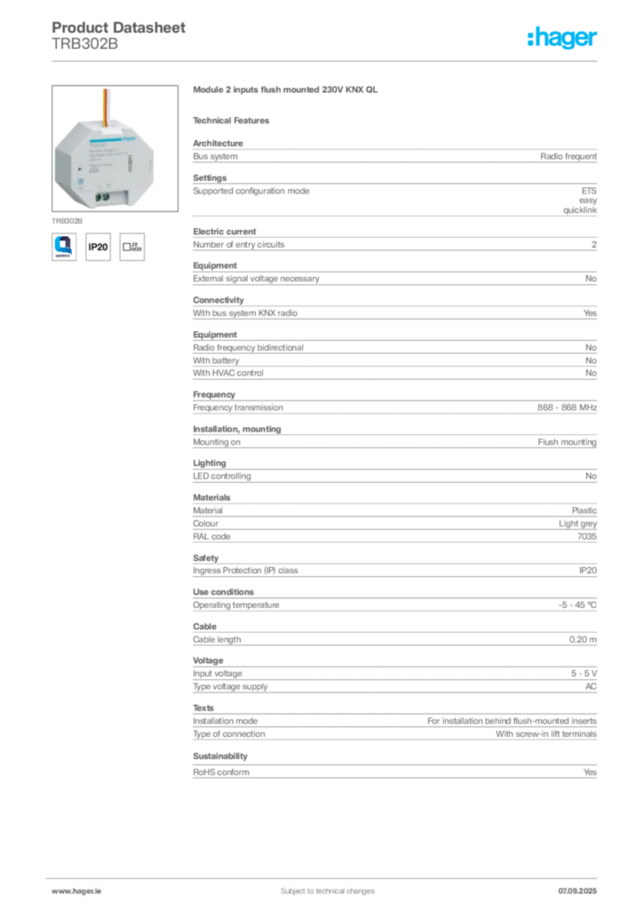 Image Hager Product data sheet TRB302B  | Hager