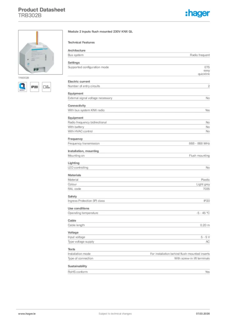 Image Hager Product data sheet TRB302B  | Hager