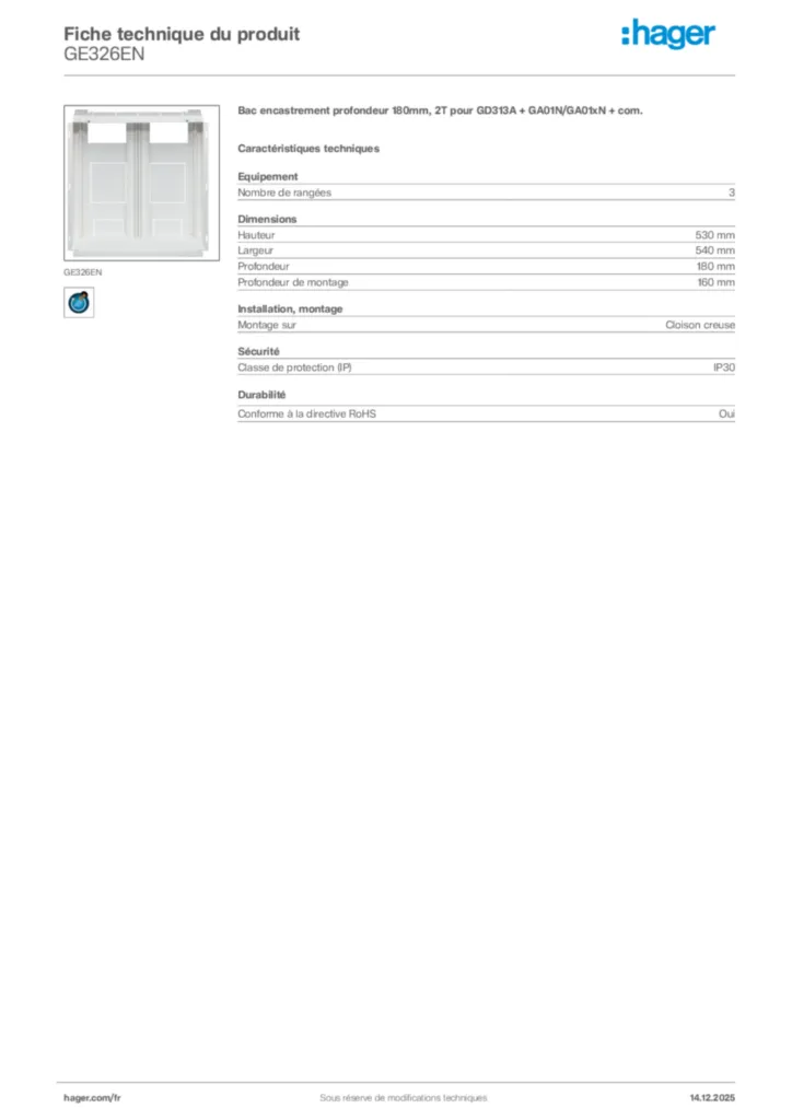 Image Hager Fiche technique du produit GE326EN | Hager France