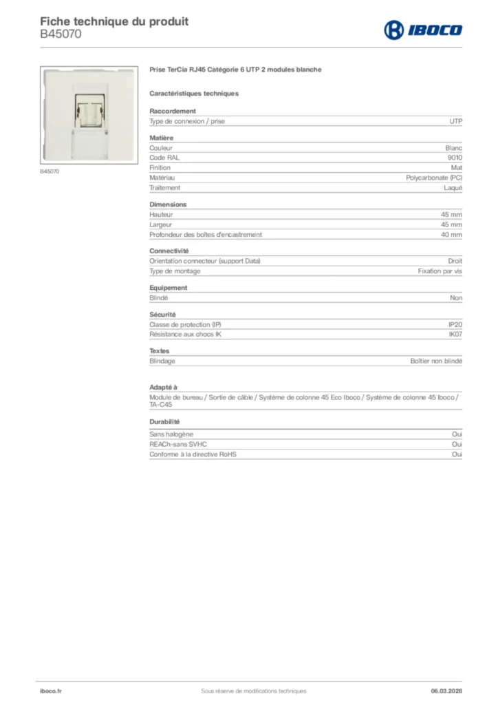 Image Iboco Fiche technique du produit B45070 | Hager France