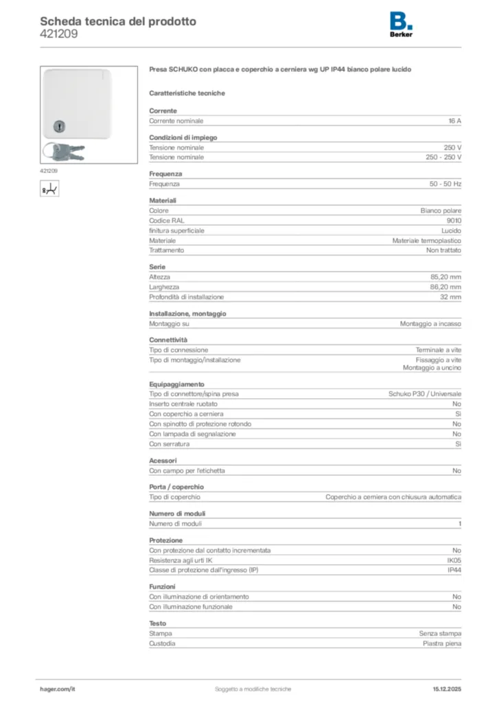 Immagine Berker Scheda tecnica del prodotto 421209 | Hager Italia