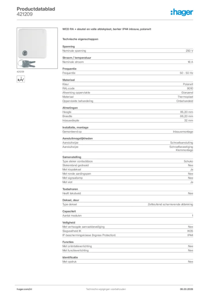 Afbeelding Hager Productdatablad 421209 | Hager Nederland
