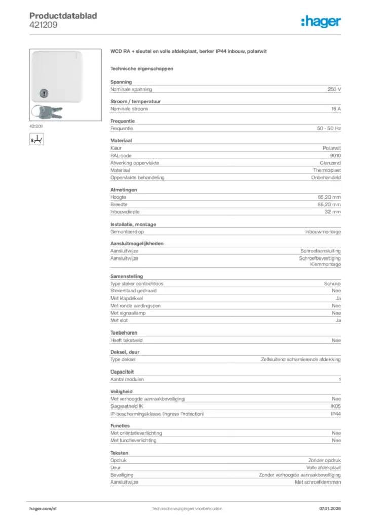 Afbeelding Hager Productdatablad 421209 | Hager Nederland