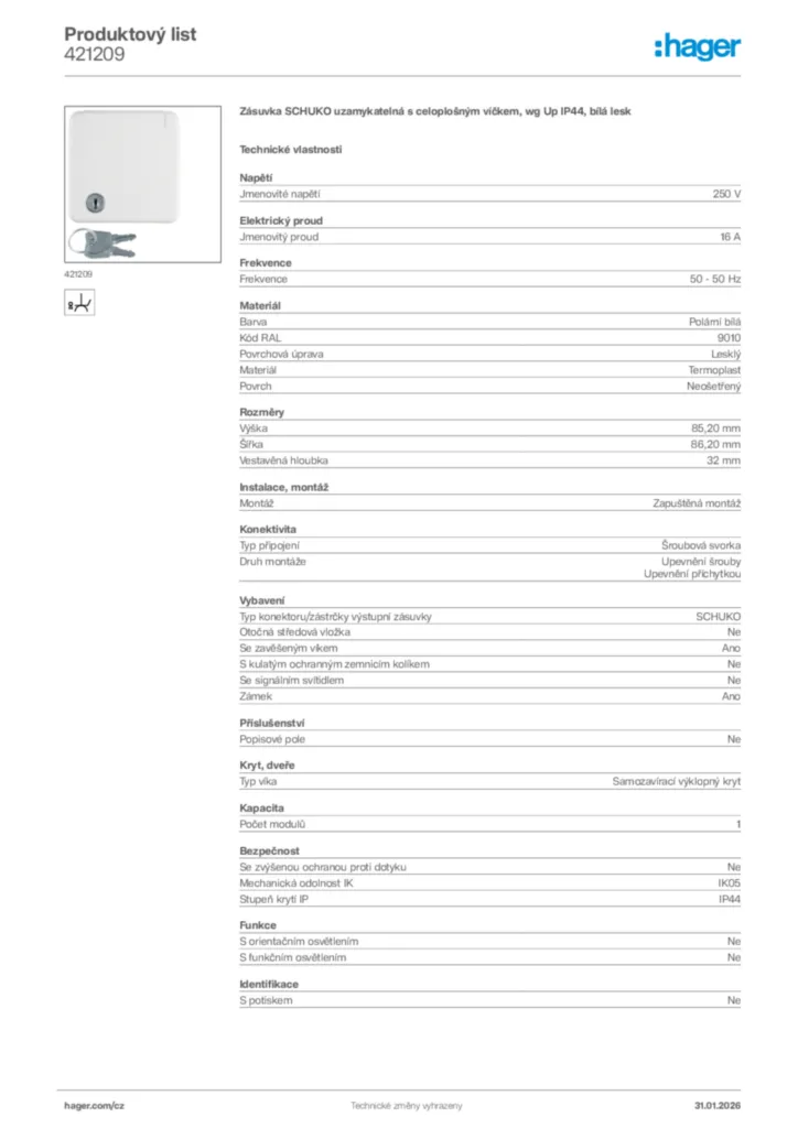 Obrázek Hager Product data sheet 421209 | Hager