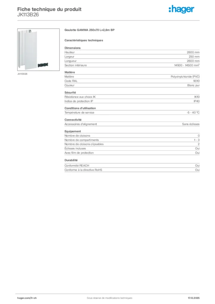 Image Hager Fiche technique du produit JK113B26 | Hager Suisse