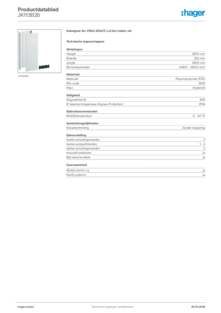 Afbeelding Hager Productdatablad JK113B26 | Hager Nederland