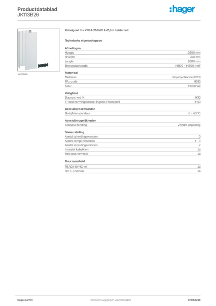 Afbeelding Hager Productdatablad JK113B26 | Hager Nederland