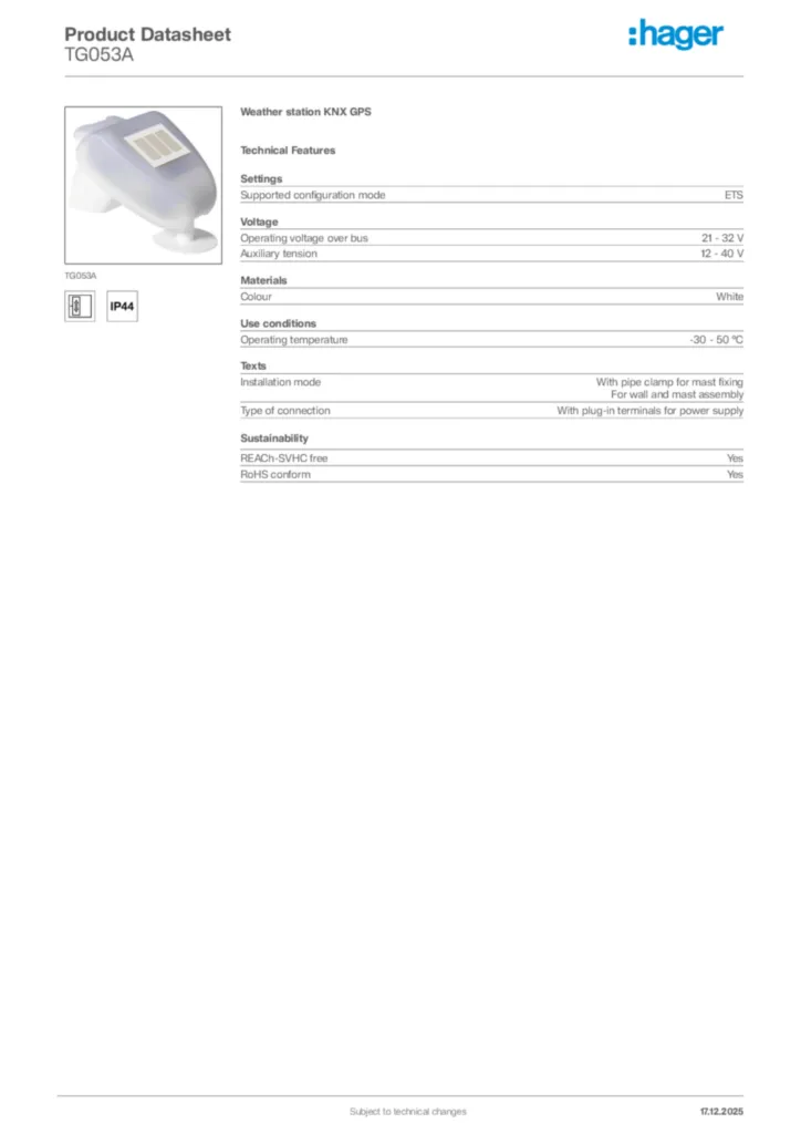 Image Hager Product data sheet TG053A  | Hager Africa